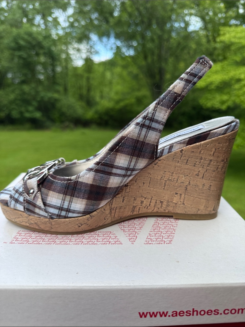 American Eagle Outfitters Brown Plaid Peep-Toe Slingback Wedge Sandals - Picture 10 of 14